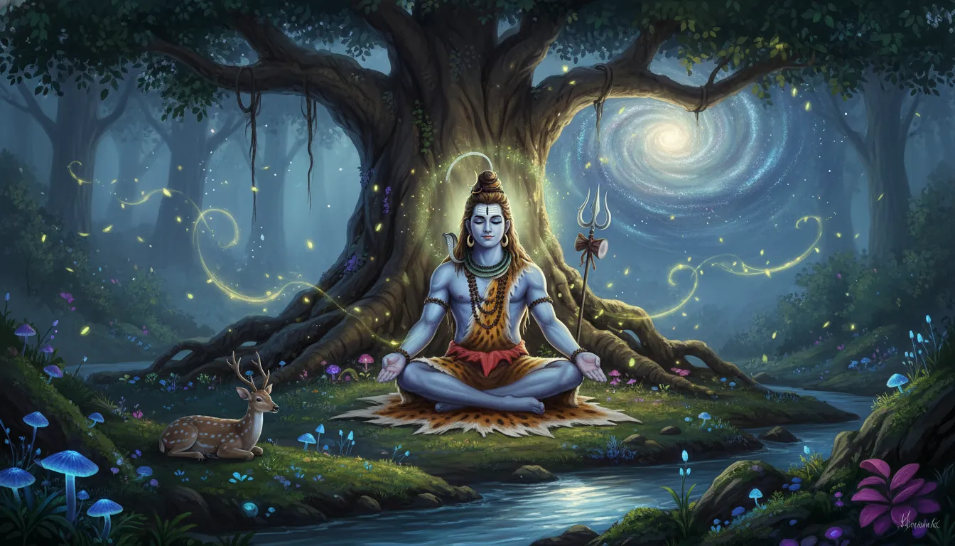 Spiritual image of Mahadev meditating under a Banyan tree in a mystical glowing forest.