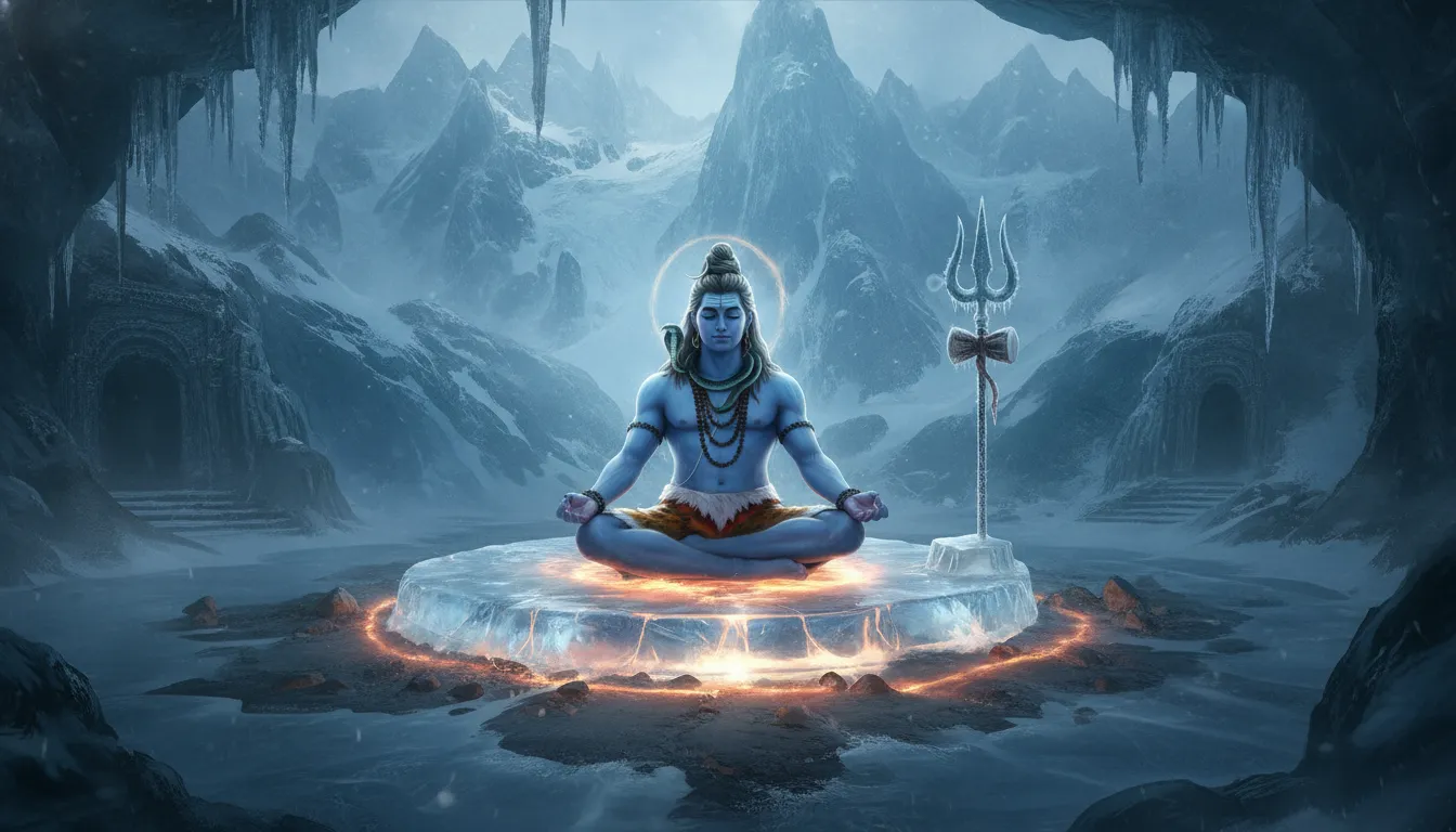 Lord Shiva meditating on an icy glacier peak surrounded by massive pillars of ice and snow.