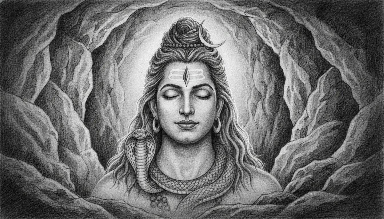 A detailed pencil sketch of Lord Shiva meditating inside a Himalayan stone cave with a glowing third eye.