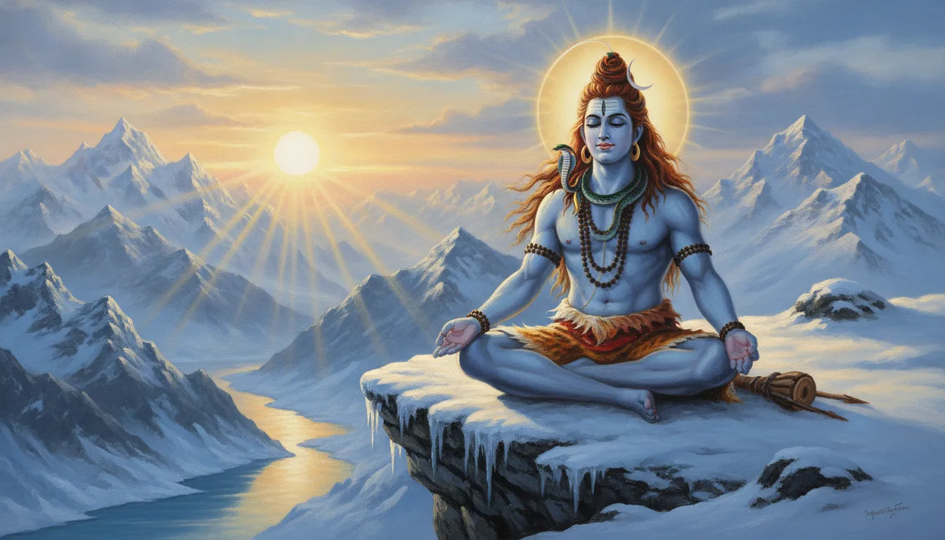 A detailed painting of Lord Shiva meditating peacefully on a snow-capped mountain during a golden sunrise.