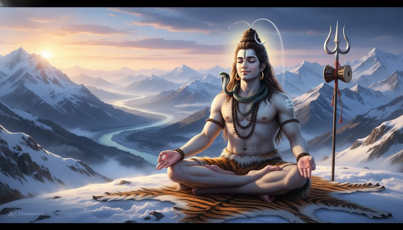 har har mahadev photo full hd download of Lord Shiva meditating on a mountain peak.