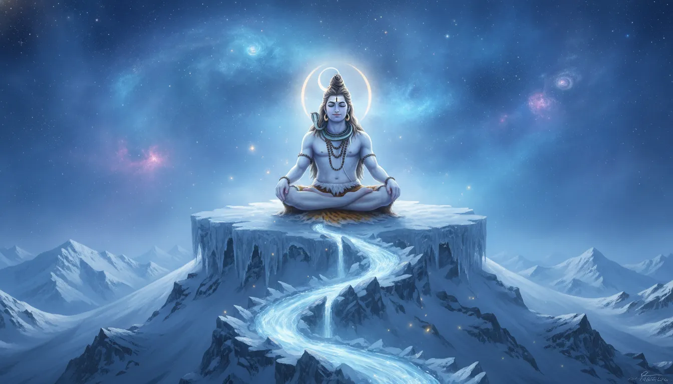 Har har mahadev ki photo showing Lord Shiva meditating in deep snow covered Himalayas.