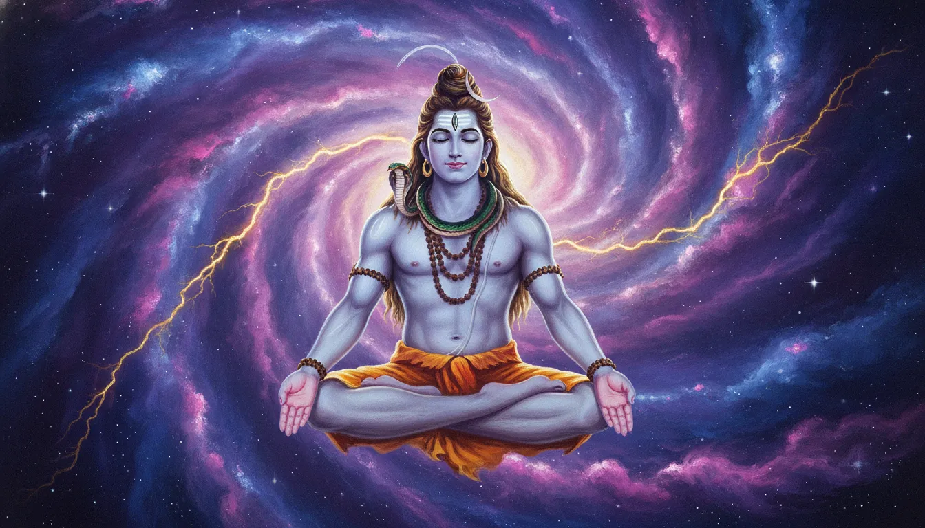 Lord Shiva sitting in deep meditation surrounded by spinning galaxies and cosmic lightning.