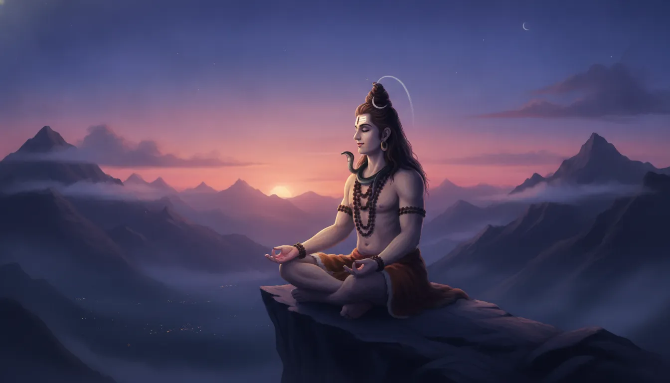 Lord Shiva meditating on a high mountain ridge during the purple and pink hues of twilight.