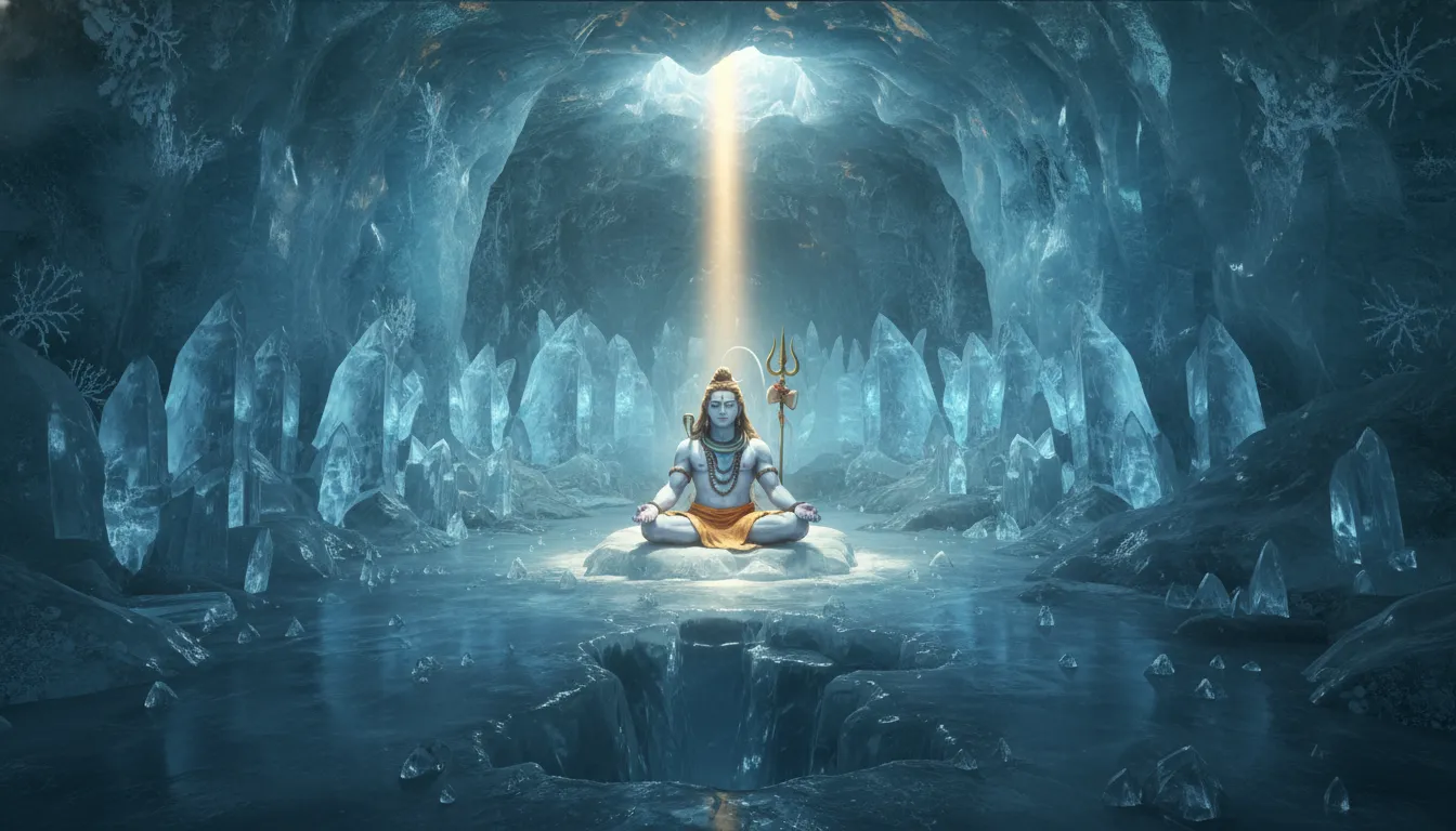Lord Shiva sitting in a deep meditative state inside a mystical ice cave in the Himalayas.