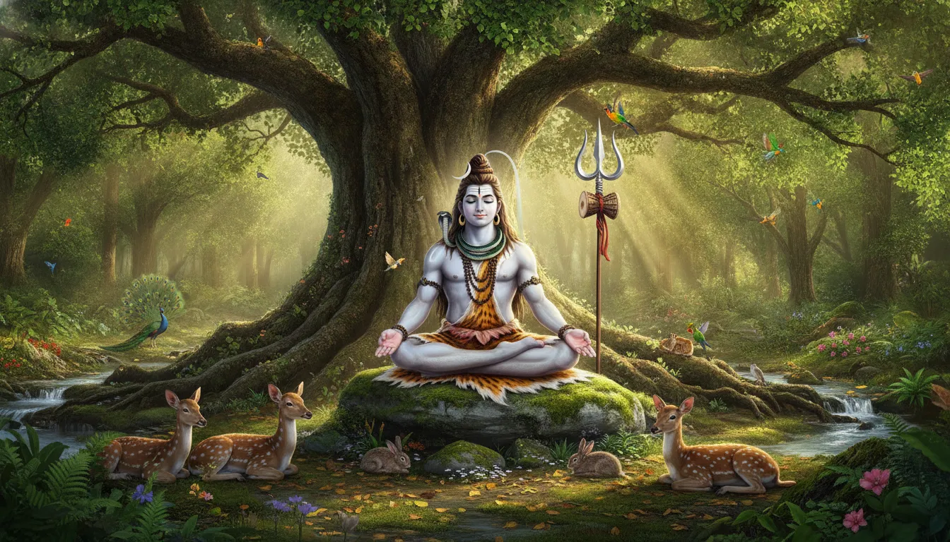 Lord Shiva meditating under a tree in a lush green forest with deer and birds nearby.