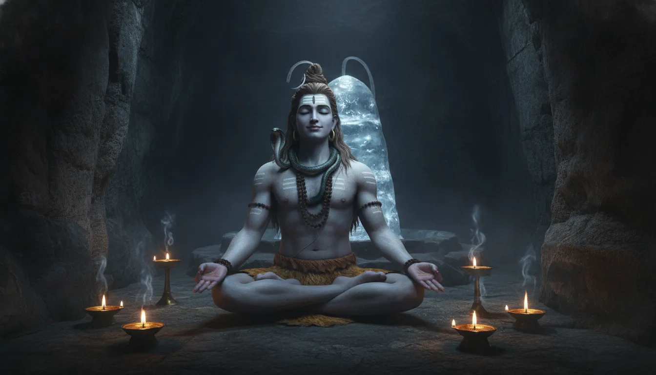 Lord Shiva meditating inside a glowing mystical cave with stone pillars and oil lamps.