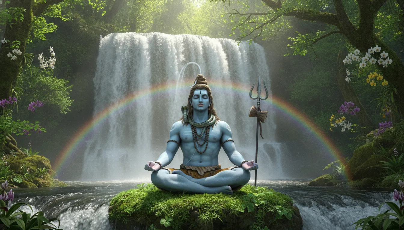Lord Shiva meditating near a beautiful waterfall in a lush green spring forest with misty air.
