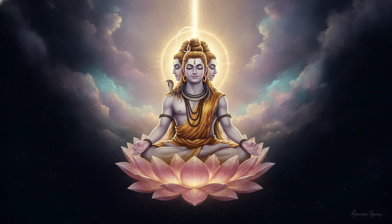 Three-faced Lord Shiva meditating calmly on a glowing cosmic lotus flower in space.