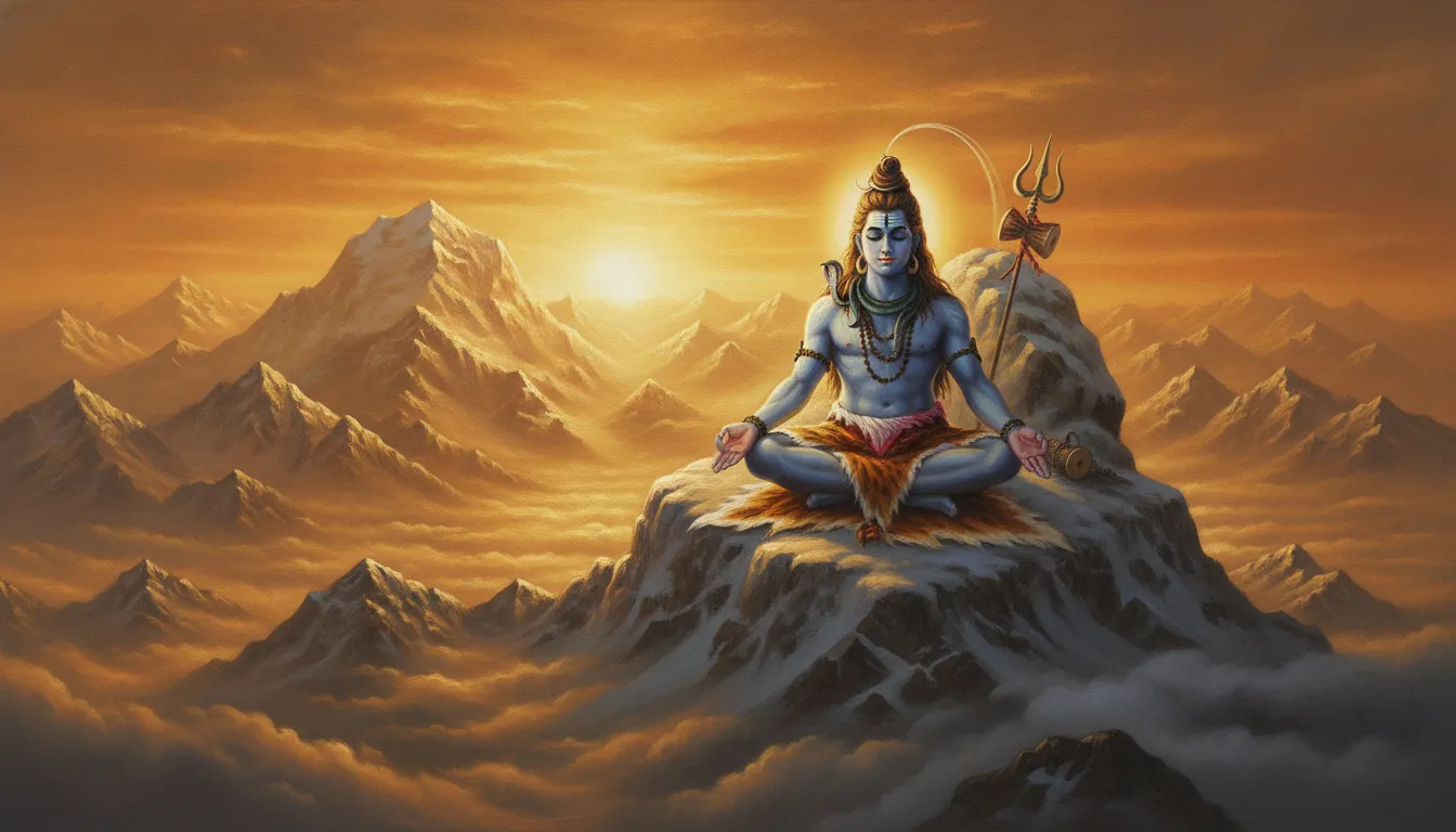 Lord Shiva sitting in meditation on the peak of a golden illuminated Mount Kailash.