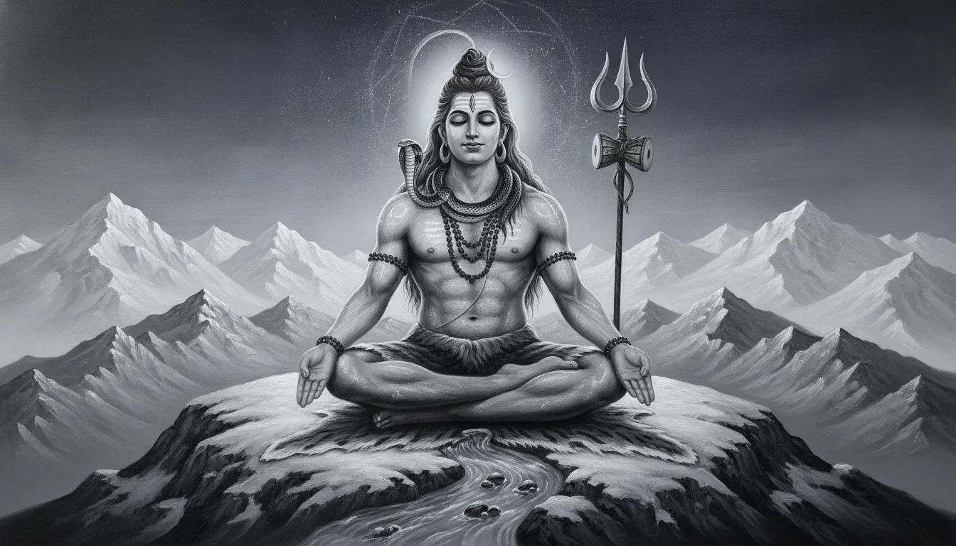 Traditional highly detailed painting of Lord Shiva meditating on a tiger skin on Mount Kailash with the holy Ganges flowing from his hair.