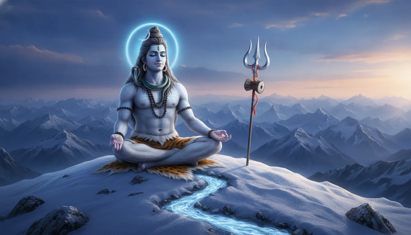 Har Har Mahadev image photo of Lord Shiva in deep meditation on snow-covered Mount Kailash.