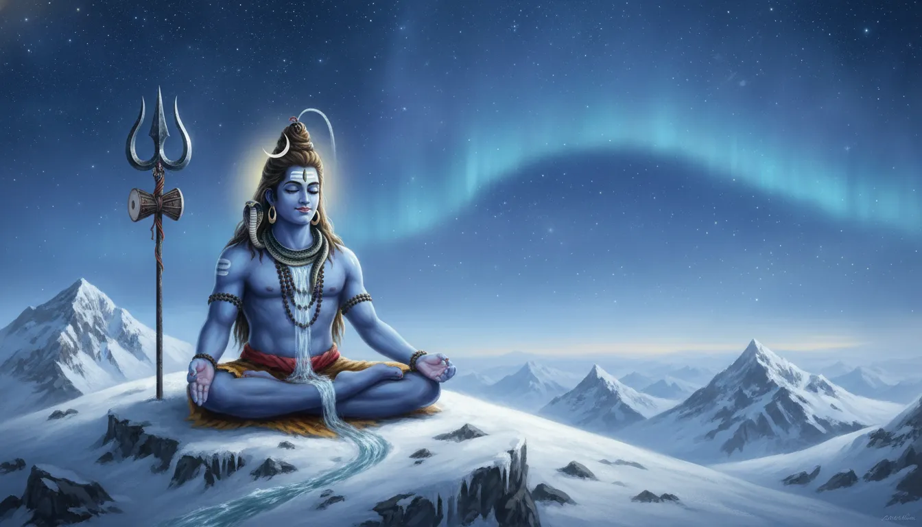 Lord Shiva sitting in deep meditation on snowy Mount Kailash with trishul