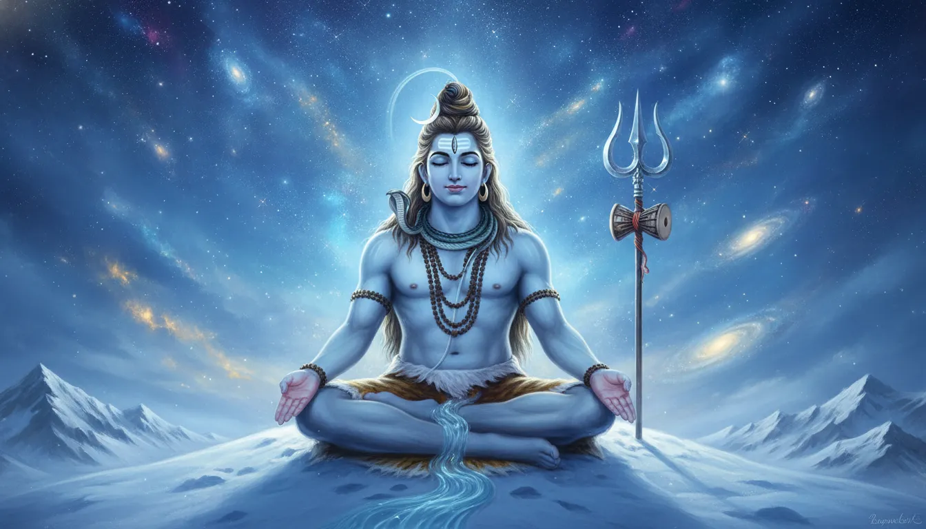 Lord Shiva meditating peacefully on snowy Mount Kailash under a starry night sky.