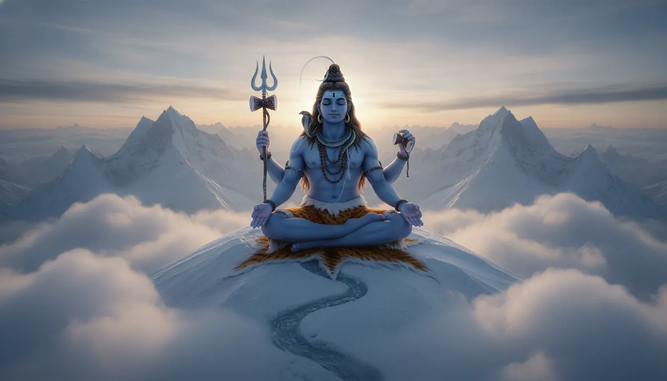 Lord Shiva sitting in meditation on the snowy peak of Mount Kailash surrounded by soft white clouds.