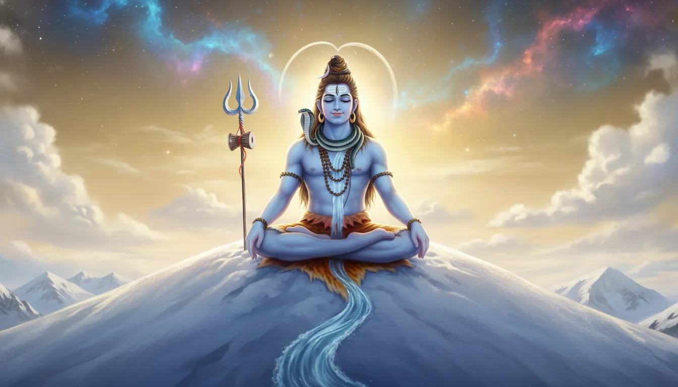 Lord Shiva sitting in meditation inside a magical green forest with sunbeams cutting through the trees.