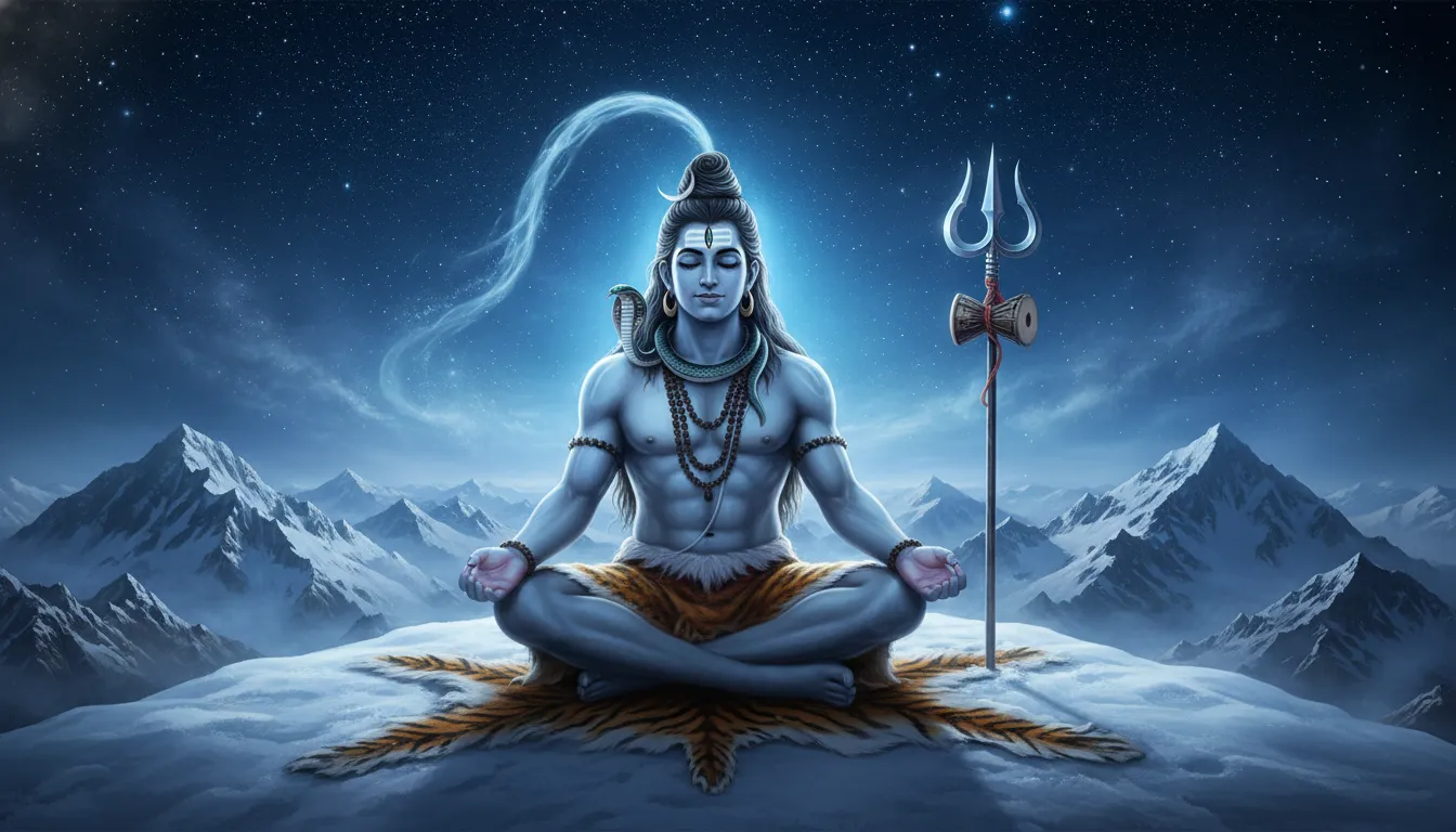 Lord Shiva meditating peacefully on the snow-covered peaks of Mount Kailash surrounded by divine light.