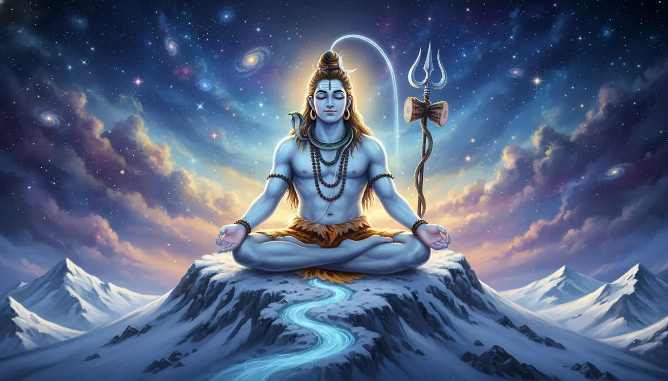 Ultra HD 1080p Shiva HD wallpaper showing Lord Shiva meditating on snow-covered Mount Kailash.