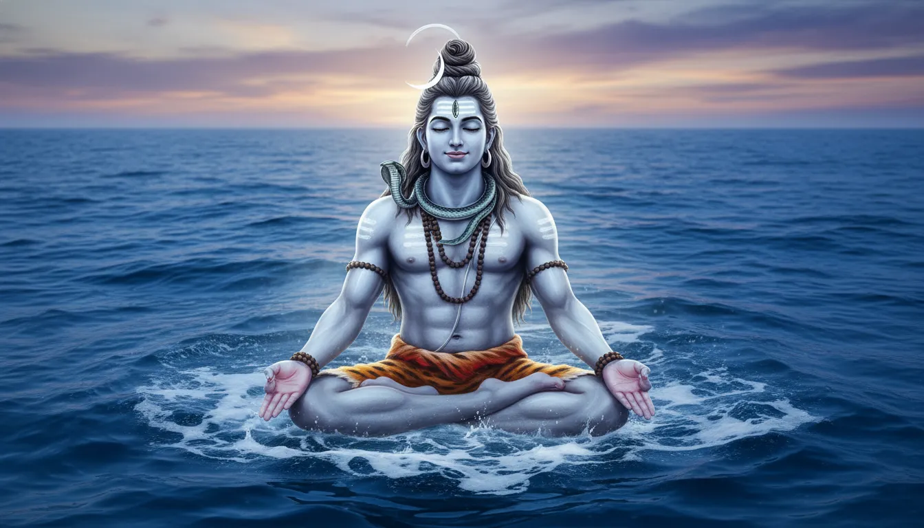 Lord Shiva sitting in a meditative posture floating calmly above deep blue ocean waves.