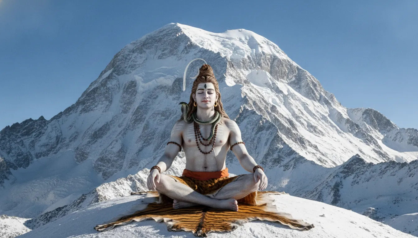 Lord Shiva sitting in padmasana on a tiger skin amidst the snowy peaks of Mount Kailash.