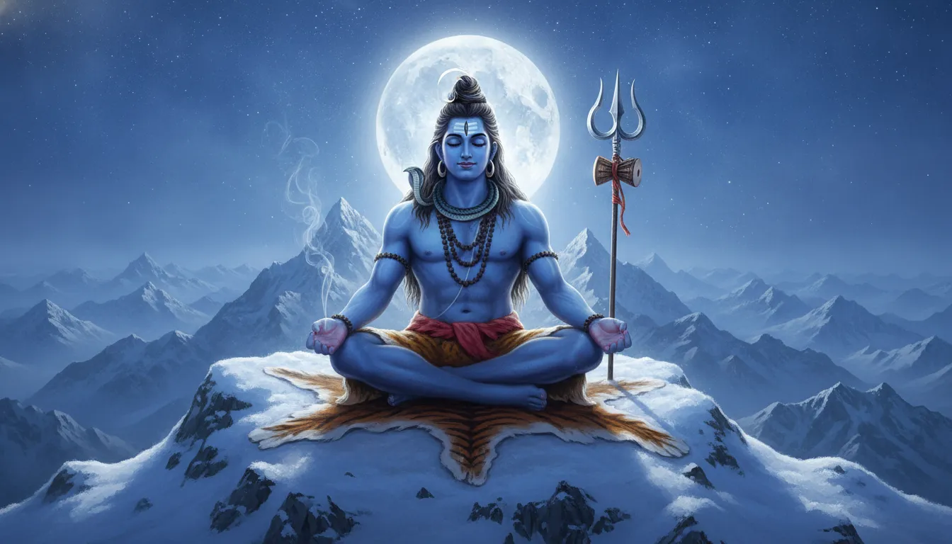 Digital devotional artwork of Lord Shiva meditating on a snowy Himalayan peak with a blue aura.