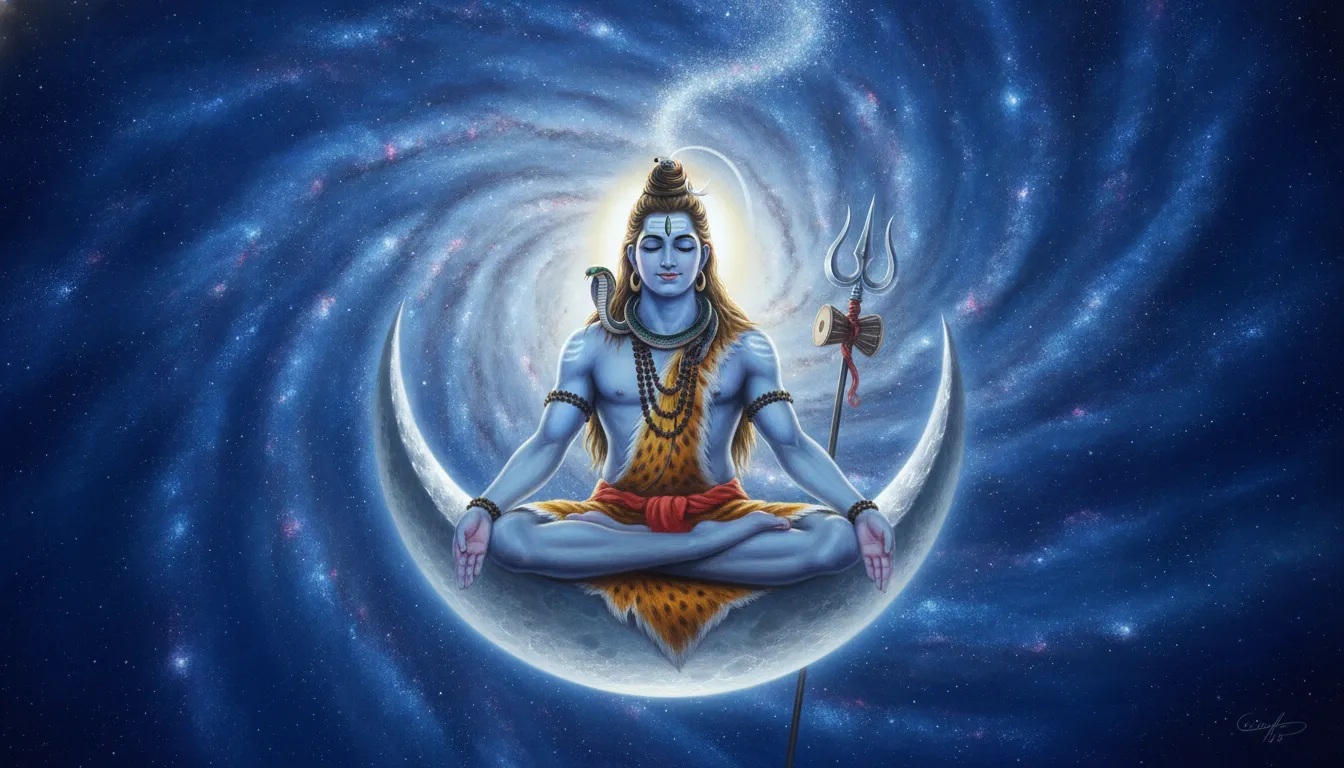 Lord Shiva sitting in a peaceful meditative posture on a glowing silver crescent moon surrounded by a blue galaxy.