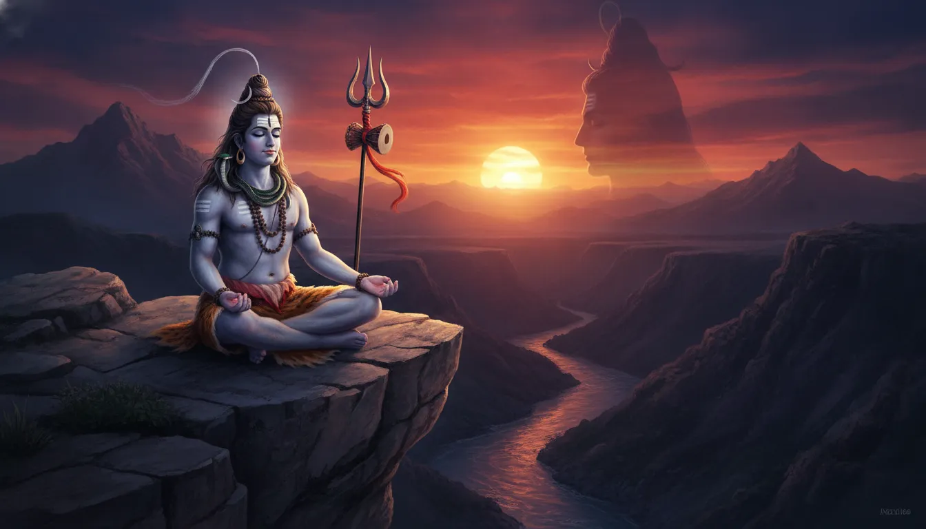 Lord Shiva meditating on the edge of a high mountain cliff during a brilliant orange sunset.