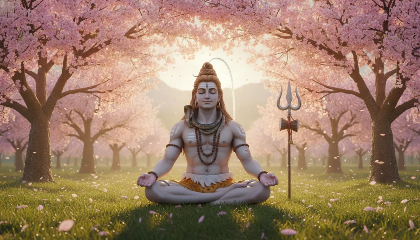 Lord Shiva meditating in padmasana pose under blooming cherry blossom trees with falling pink petals.