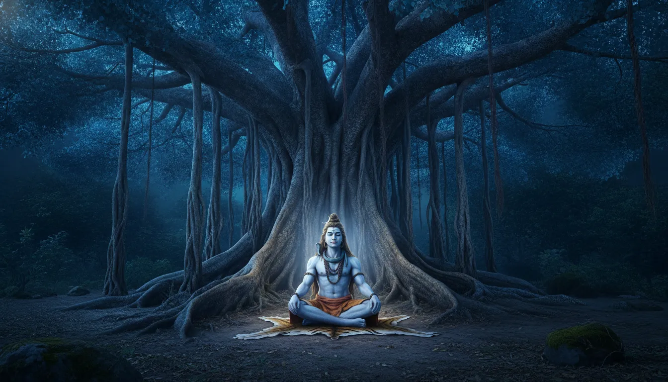 Lord Shiva in meditative pose under a massive banyan tree filled with blue light.
