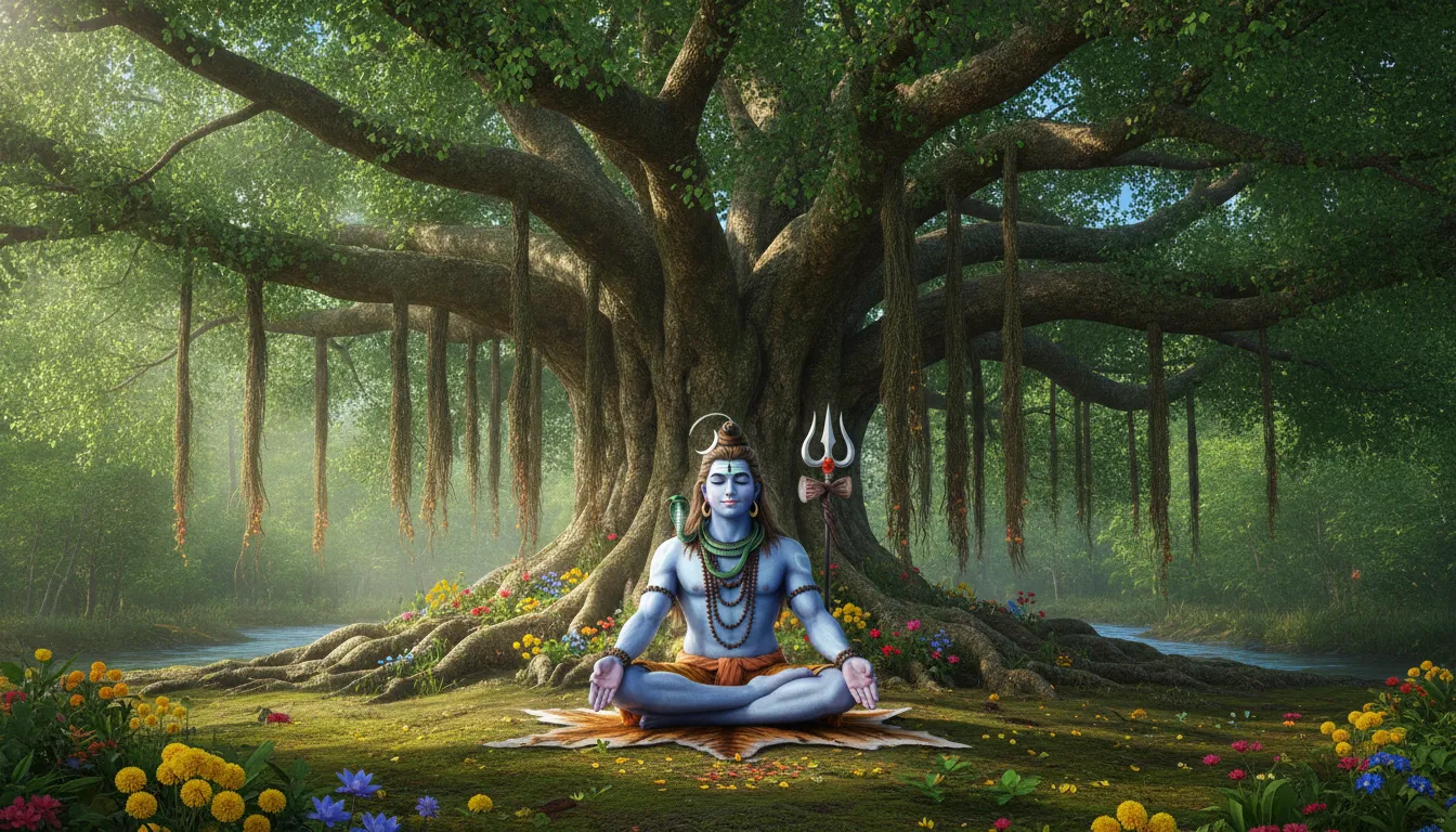 Lord Shiva meditating under a majestic banyan tree that is growing fresh green leaves and spring sprouts.