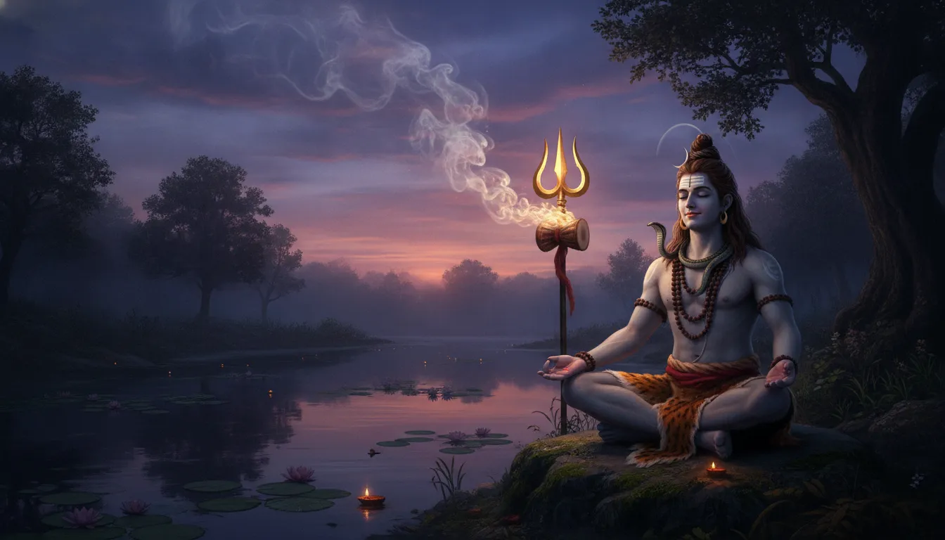 Abstract spiritual art of Lord Shiva in meditation integrated with burning fire patterns and symbols.