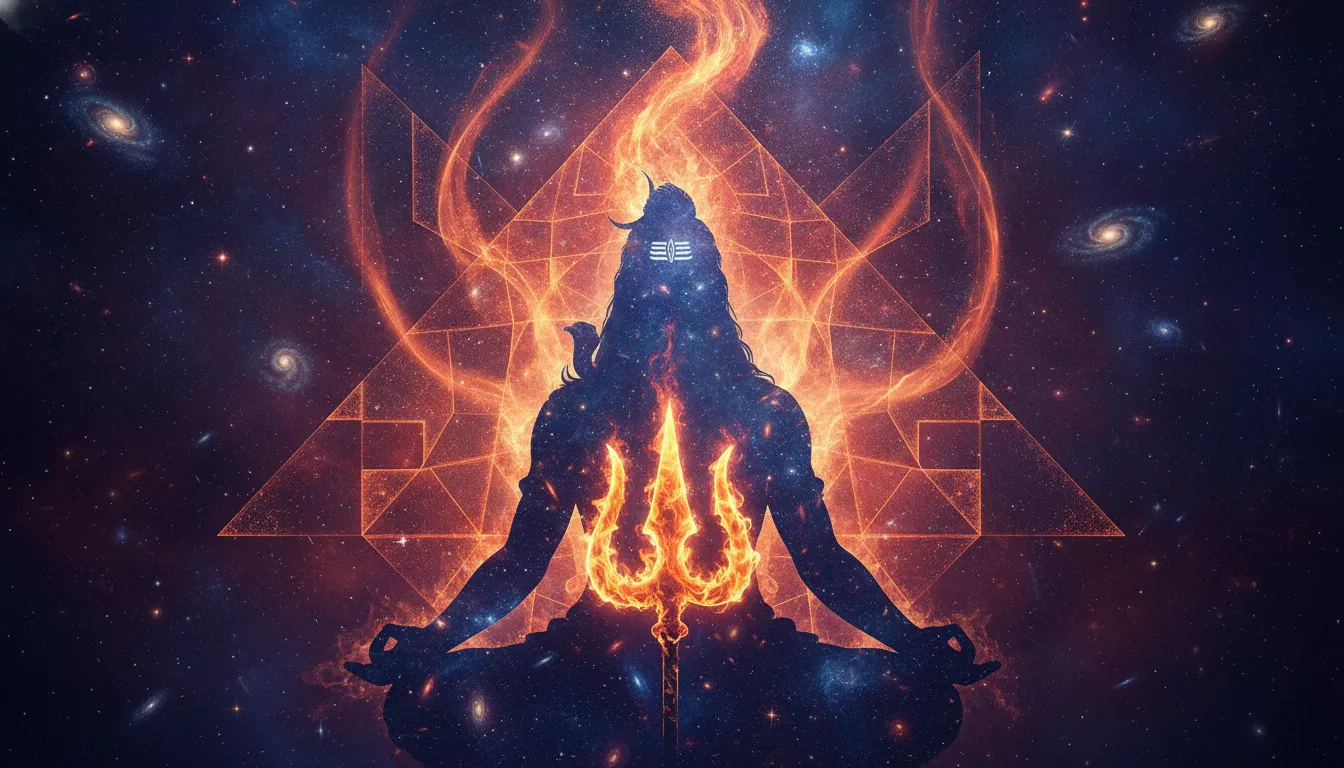 Abstract spiritual art of Lord Shiva in meditation integrated with burning fire patterns and symbols.