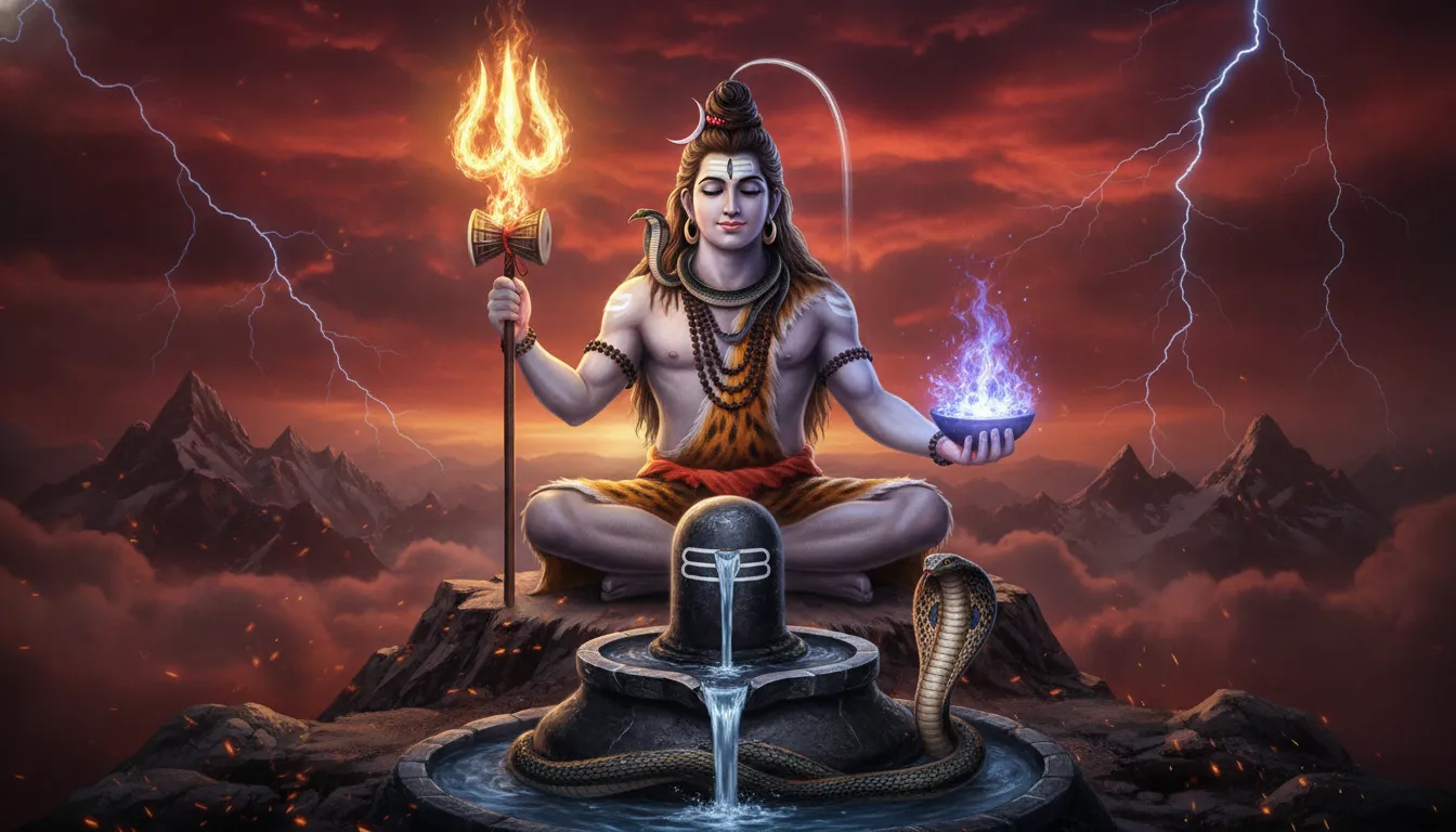 Lord Shiva in deep meditation with a flaming Trishul and a sacred Shiva Lingam in the foreground.