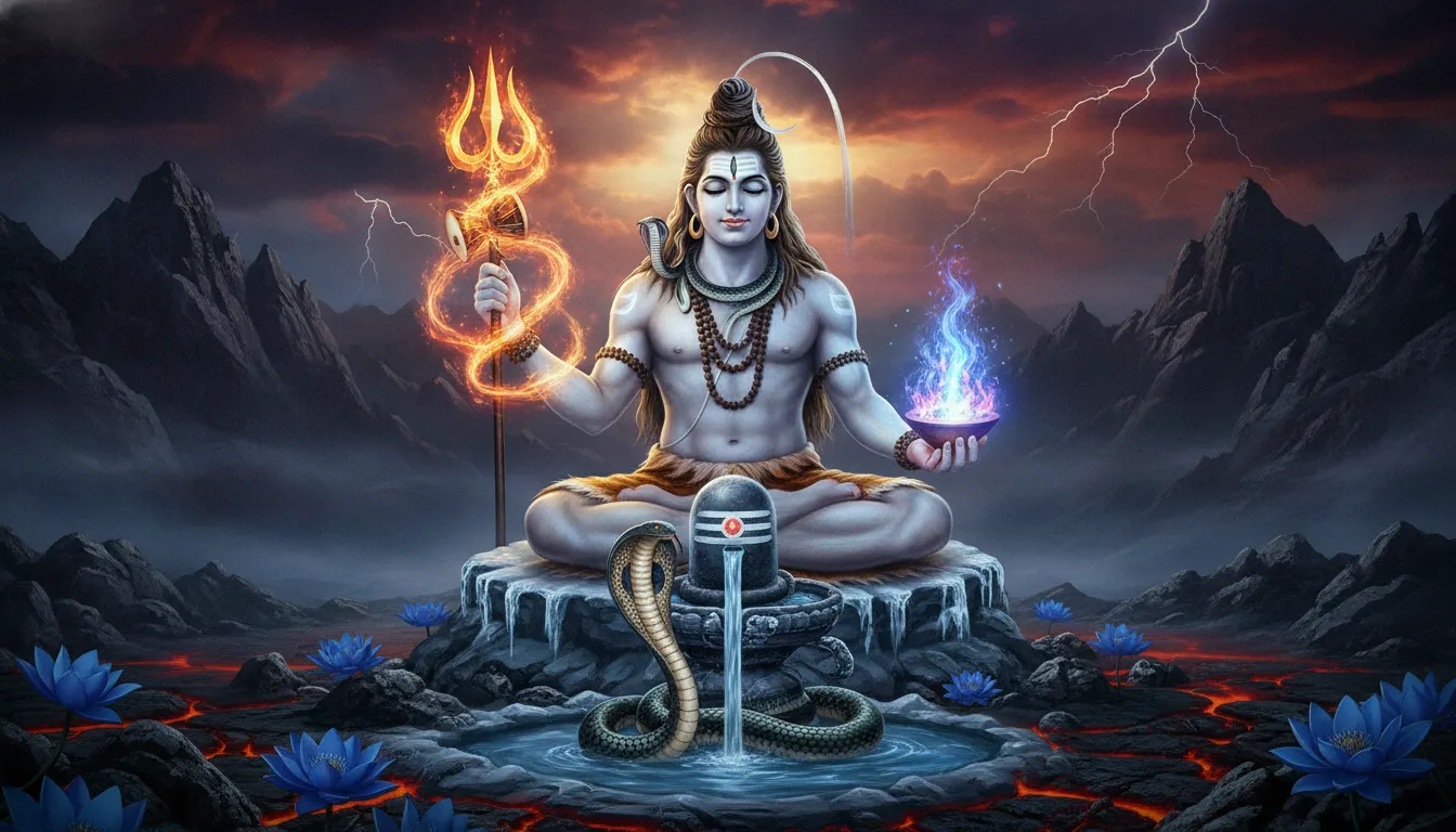 Lord Shiva in deep meditation with a flaming Trishul and a sacred Shiva Lingam in the foreground.
