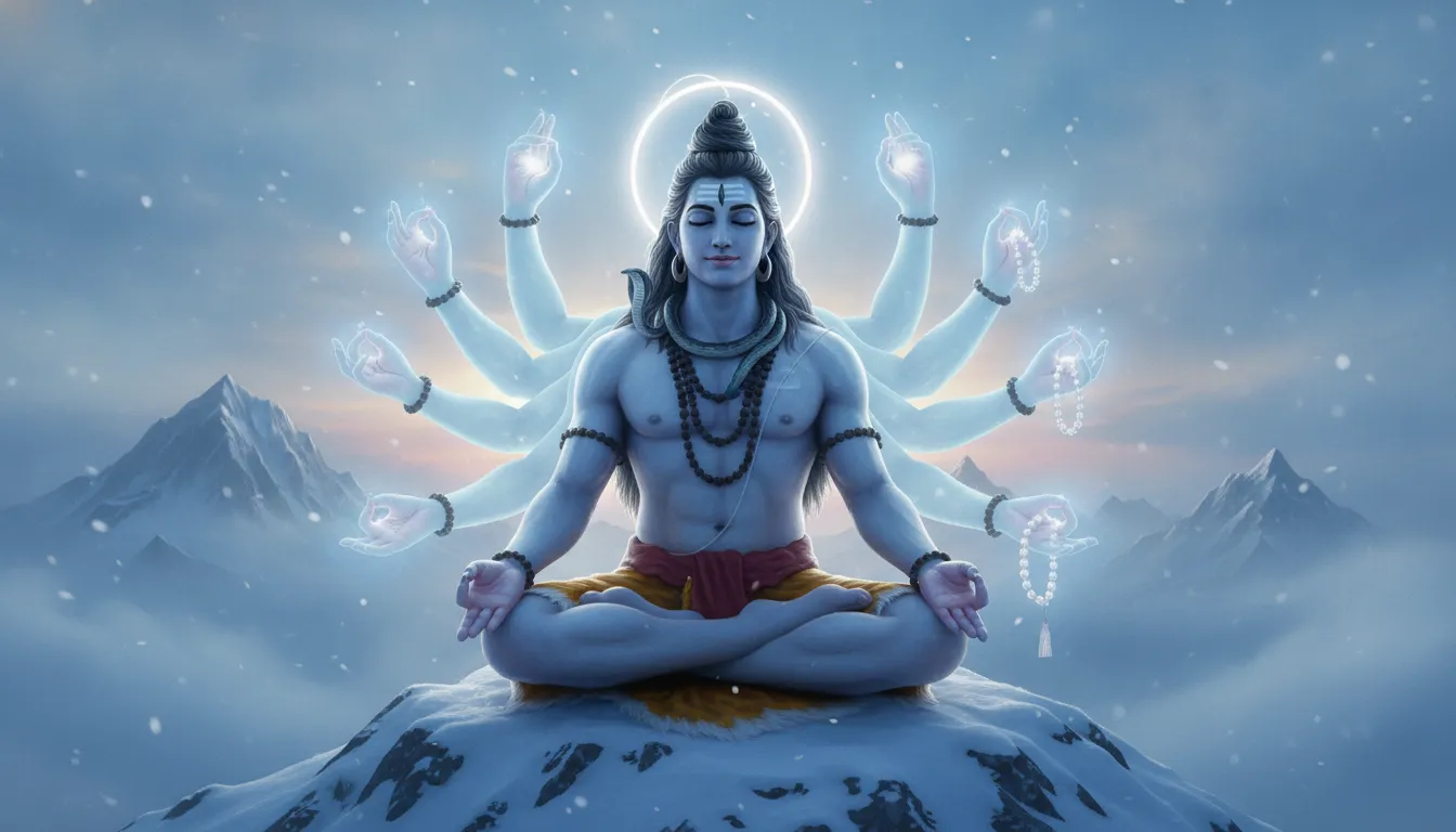 Spiritual digital painting of Lord Shiva meditating with translucent multiple arms background.