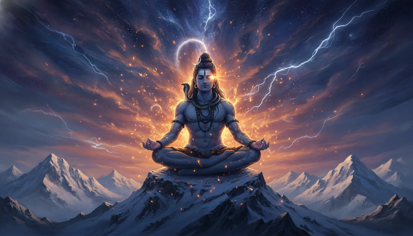 Lord Shiva meditating on a burning mountain peak as cosmic energy waves flow into the sky.