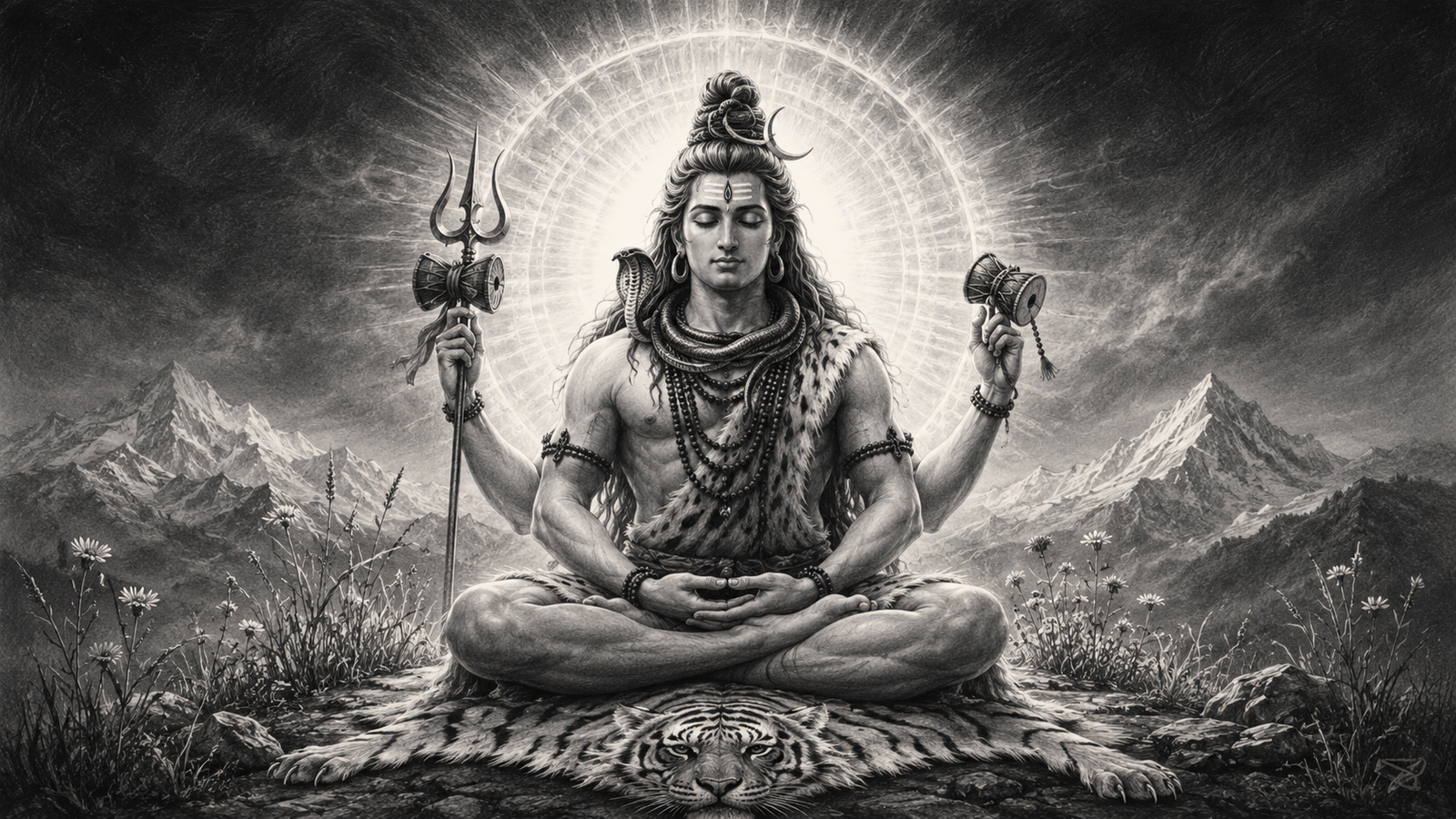 A detailed charcoal sketch of Lord Shiva meditating with a bright, radiating divine aura behind his head.