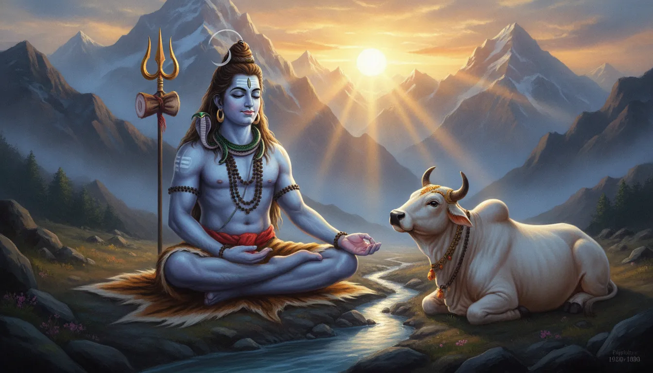 Lord Shiva sitting in deep meditation with Nandi the bull looking at him during a vibrant sunrise at Mount Kailash.
