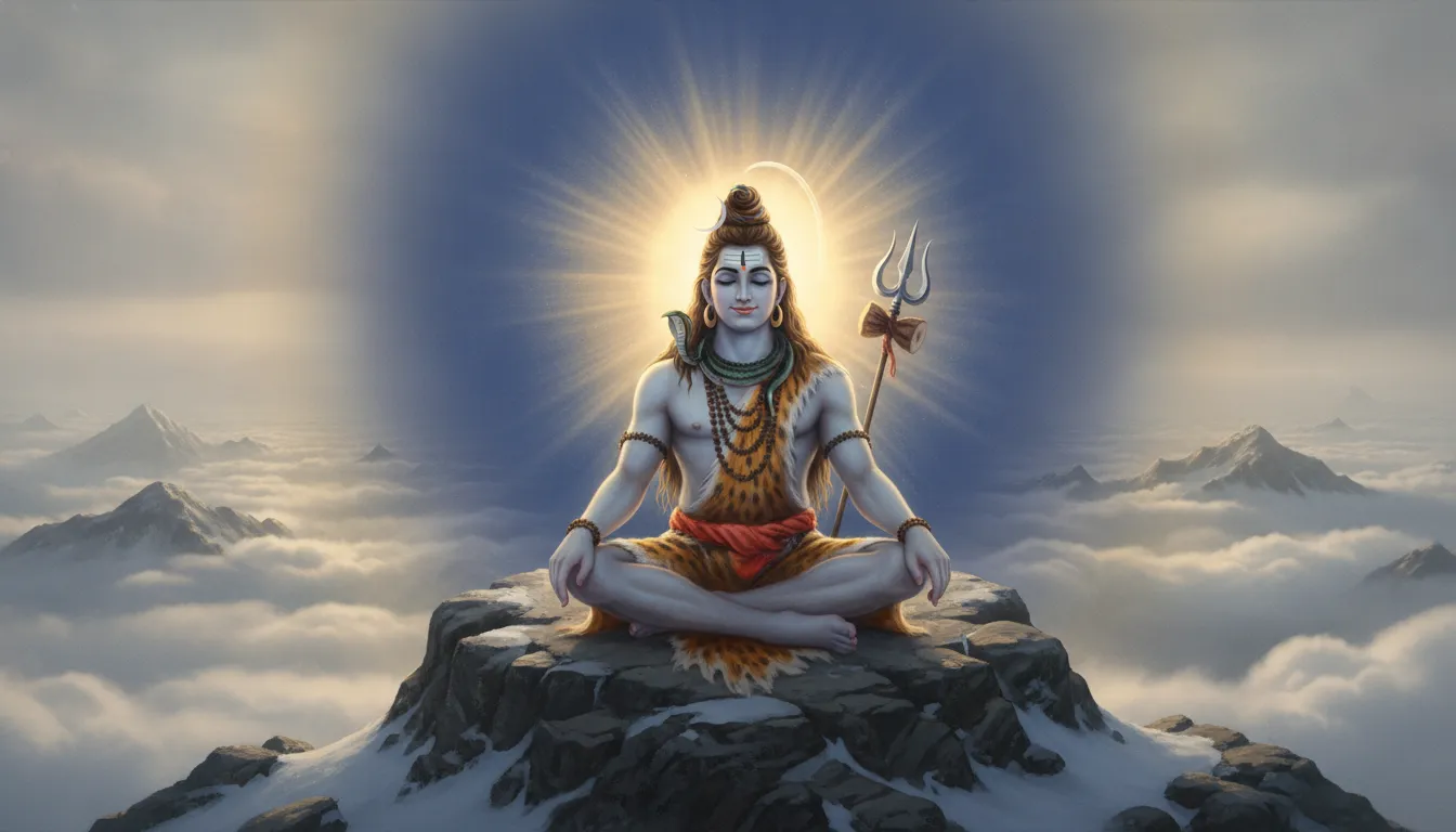 Lord Shiva meditating on a mountain peak with a glowing golden and blue aura radiating from his body.