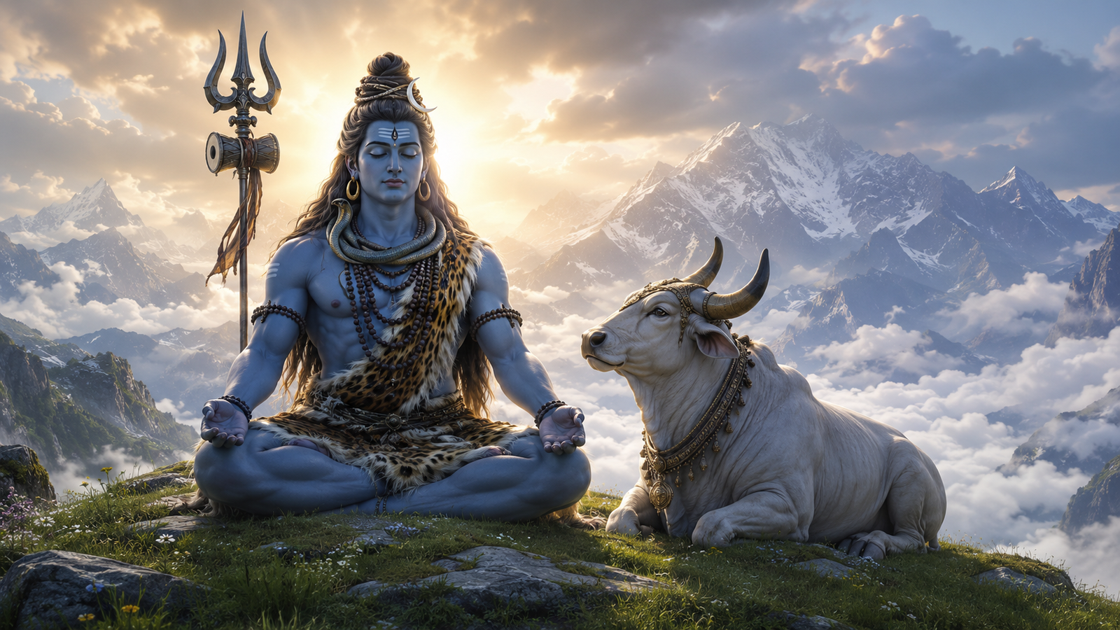 Lord Shiva in peaceful meditation with his loyal vehicle Nandi the bull resting quietly beside him.