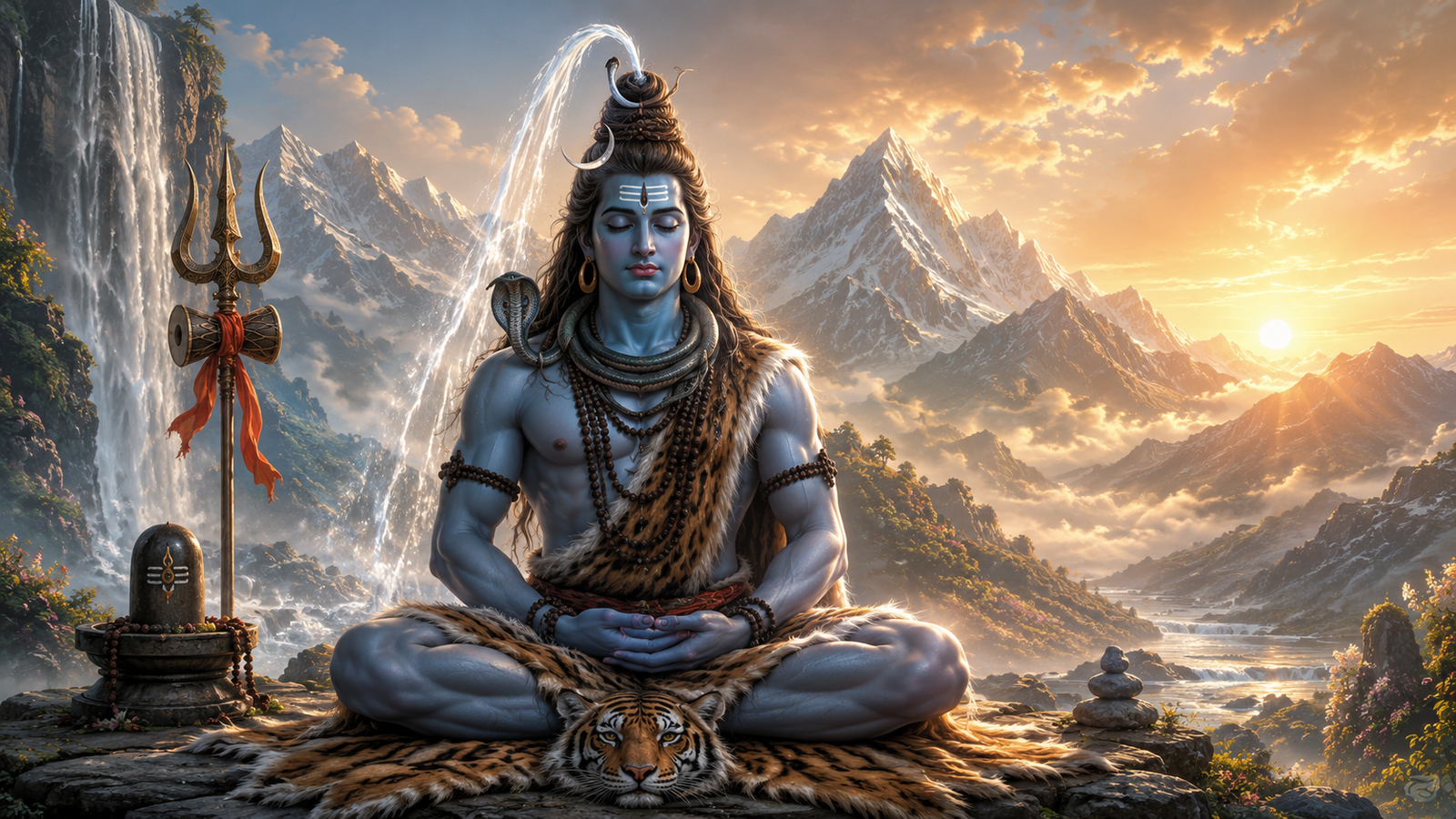 Lord Shiva in deep meditation with the holy river Ganga flowing from his matted hair against a mountain backdrop.