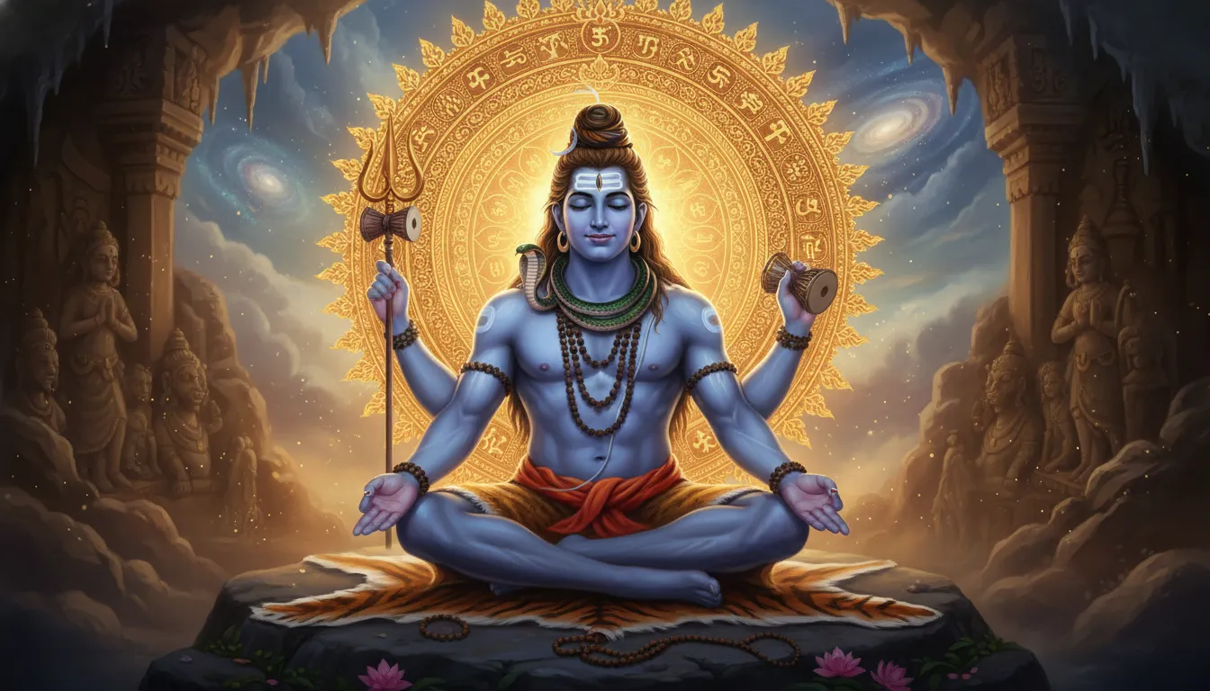 Lord Shiva sitting in deep meditation with a brilliant golden spiritual halo behind his head.