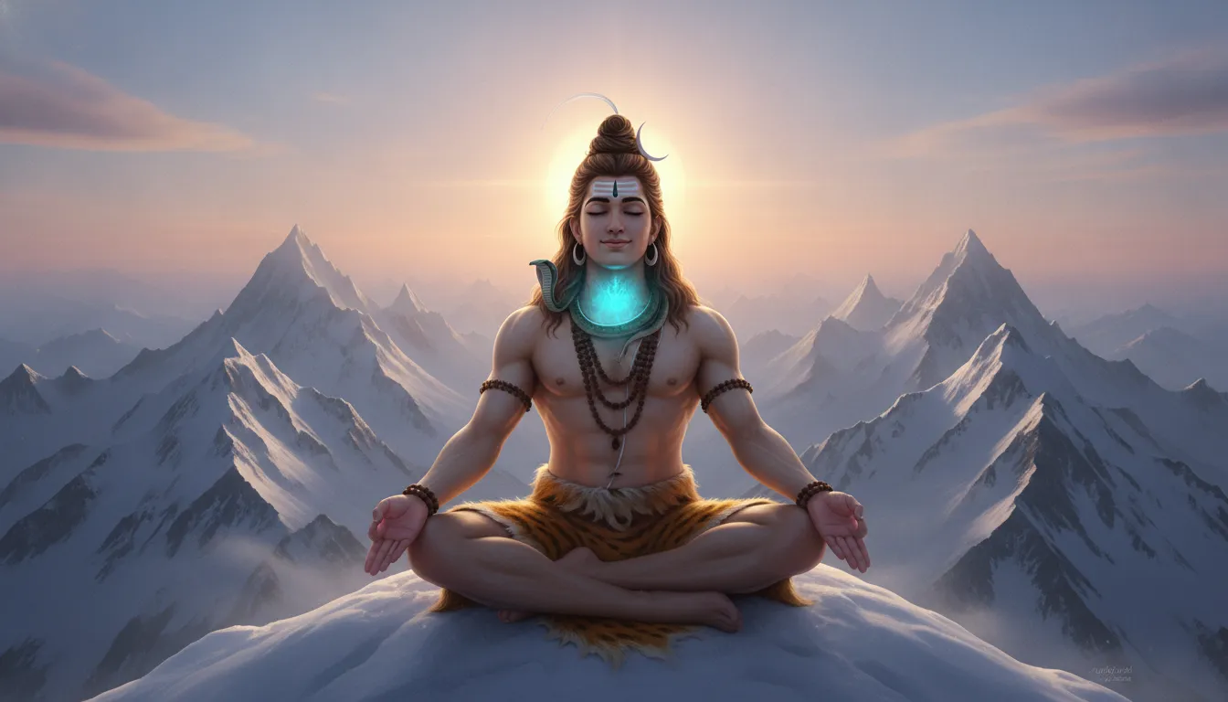 Lord Shiva sitting in deep meditation on Mount Kailash with a glowing blue neck.