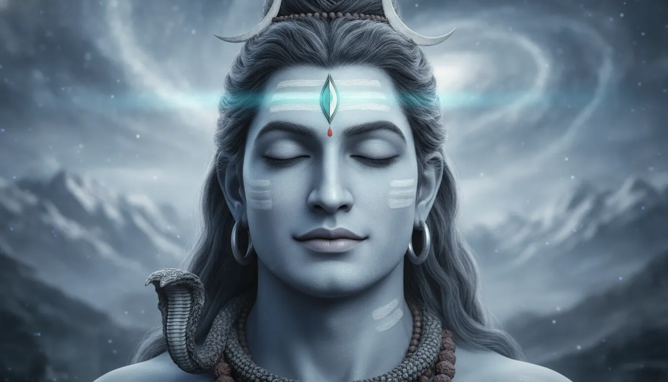 Close up shot of Lord Shiva meditating with a soft blue light emanating from his third eye.