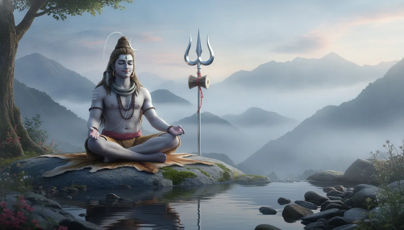 Lord Shiva sitting in cross-legged meditation underneath the roots and wide branches of an ancient Banyan tree.