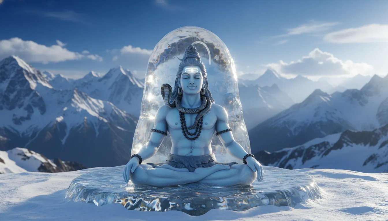 Spiritual image of lord shiva in shivling art meditating inside a dynamic ice structure.