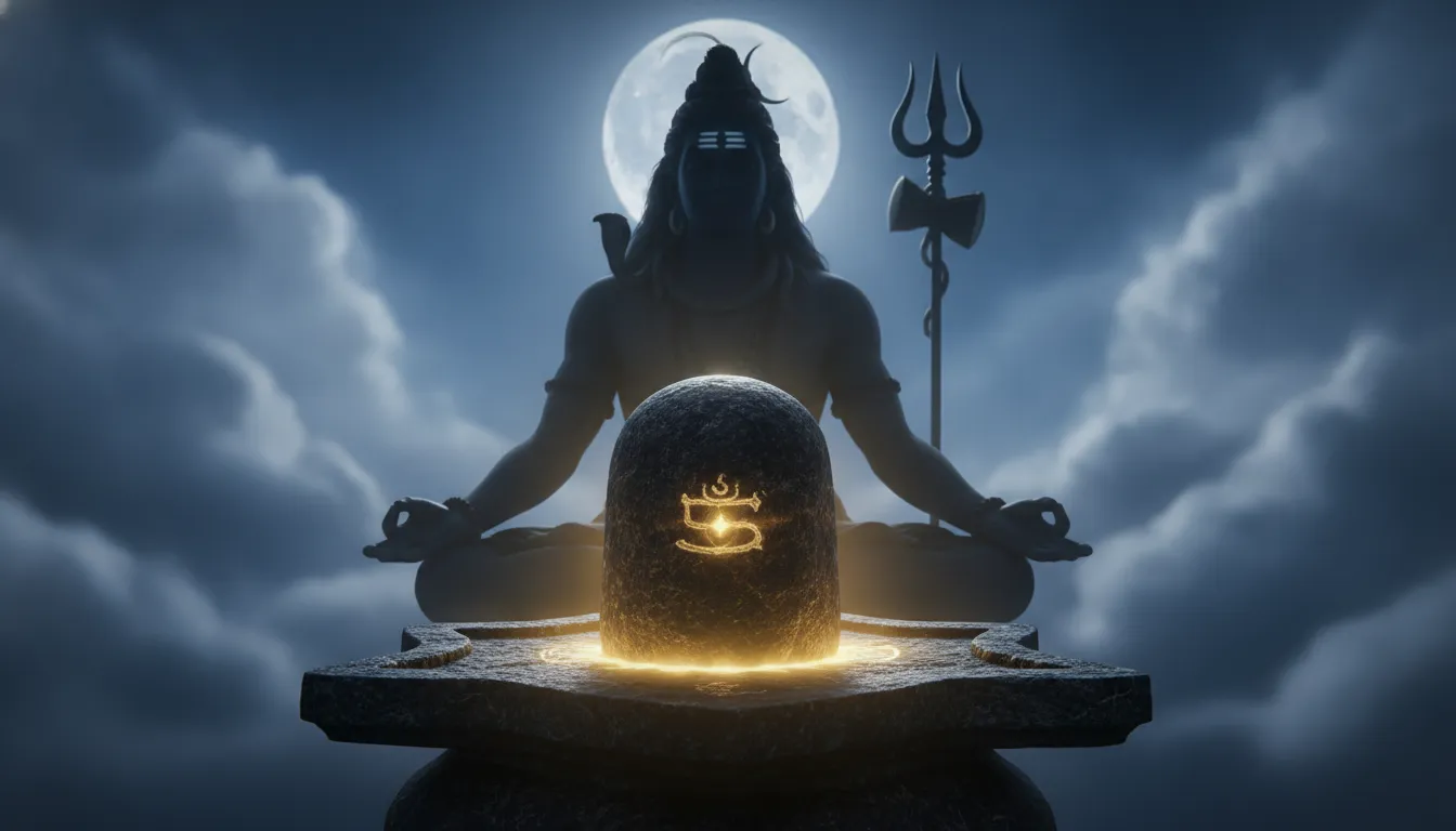 Silhouette of Lord Shiva meditating behind a glowing Shivling