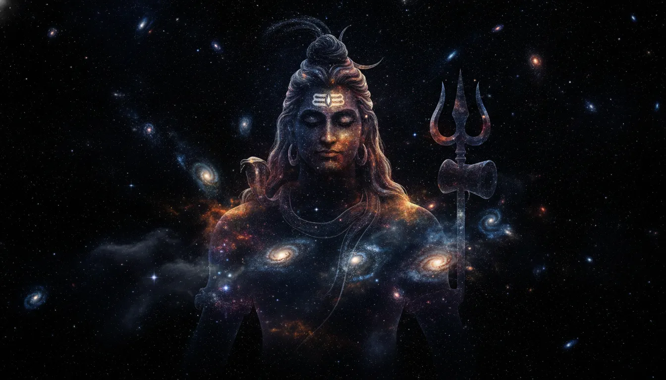 A giant silhouette of Lord Shiva made entirely of stars, galaxies, and dark space matter.