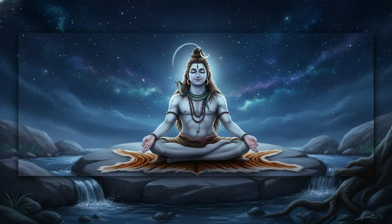 Lord Shiva meditating on a tiger skin under a starry night sky with a bright crescent moon in his matted hair.