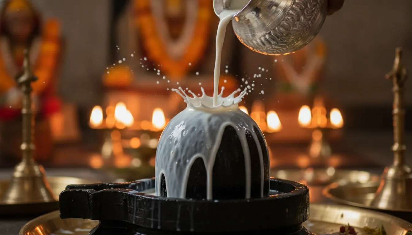Milk pouring over a black stone Shivling during a traditional Hindu ritual prayer.